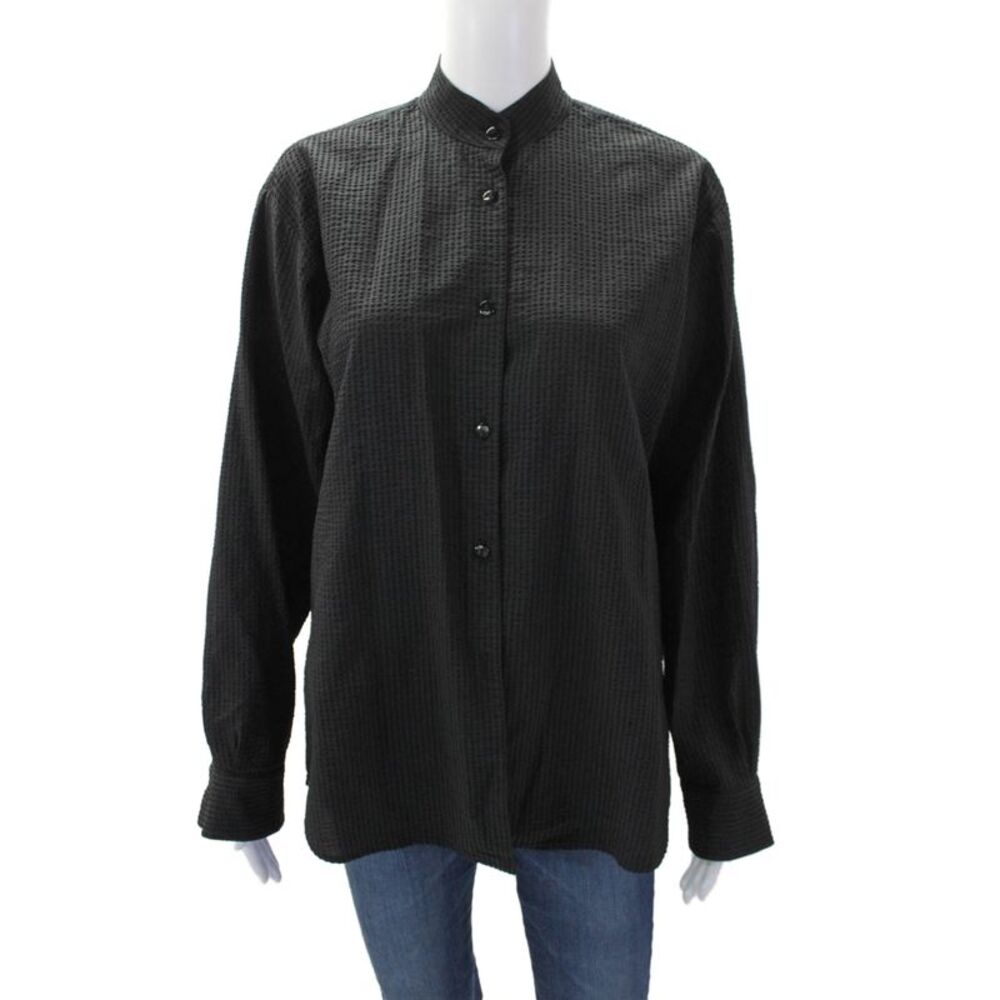 Kimberly Taylor Womens Button Front Long Sleeve Collarless Shirt Black Medium